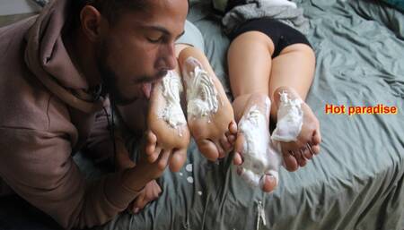 Whipped cream and french candy on 4 delicious female feet (Mylene, Océane & Bob45) HD