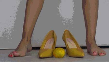 Crushed a tangerine with yellow shoes b