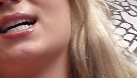 Hot German blonde with huge boobs adores dildoing her wet pussy