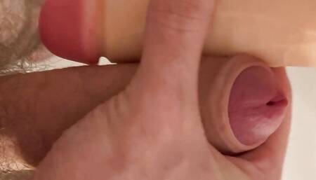 Very hairy skinny uncut white guy with painted black nails jerks off and cums on realistic dildo