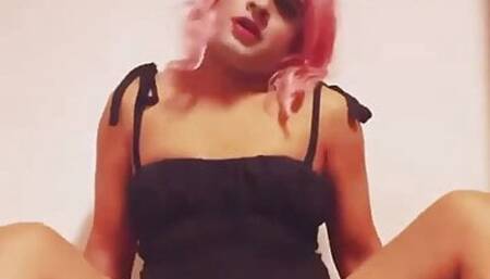Sissy slave Femme Sandy stripping while riding Dildo