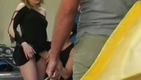 Milf has threesome with cum-filled cock in workshop