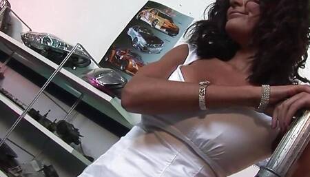 Two guys share two busty milfs in a foursome and then fuck a dirty brunette in the ass
