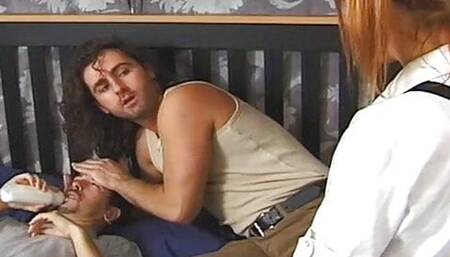 Babysitter drinks breast milk while her pussy slurp cock juice