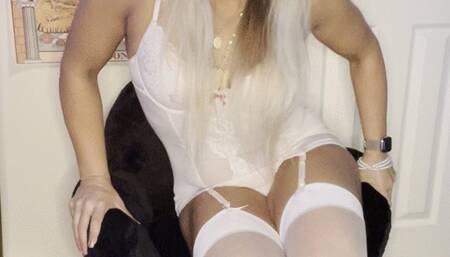 Super cute milf in classes, showing off toys and talking with no nudity in baby pink lingerie