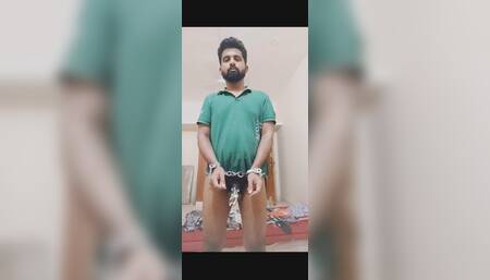 Handcuffed man in new chastity cage