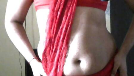Krithi Sexy Belly Tease in Red Saree, Ass Shake in Close Up, Sexy Boobs & Nipples, Hot Strip Tease #IndianCrossDresser