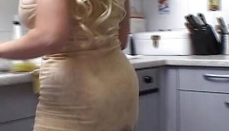 Huge-titted German chicks gets fucked by two dude's in the kitchen