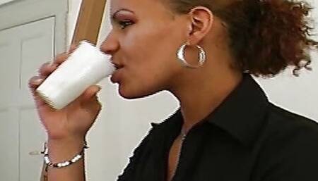 Great German ebony loves getting pleased by three cocks
