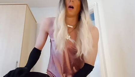 jess silk riding dildo in pink satin nightie with blonde wig