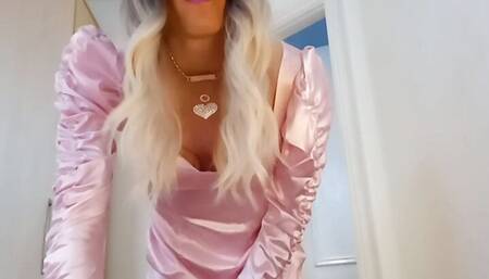 jess silk riding dildo in long sleeve pink satin dress and shiny purple jacket with blonde wig