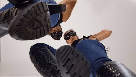 Face trampling with 2 sadistic mistresses