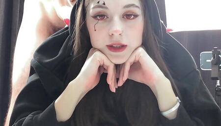 Cute She-Devil Gets Hard Dick In Mouth And Hard Fuck With Creampie Instead Of Lollipop