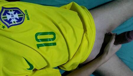 Brazilian young boy showing her body and masturbating her big thick shaved dick cheering for brazil in the world cup