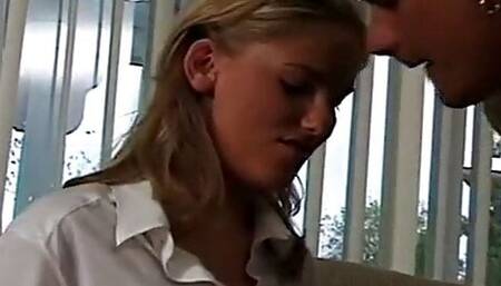 Eager blonde is waiting for her lover to celebrate her