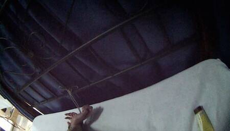 POV Video - Ballgagged topless barefoot Ekaterina, frogtied on the bed with her hands bound in front of her and tied to the headboard, is spanked and tickled by her roommate - from the roommate eyes (HD MOV)