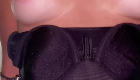 Petite Blonde Slut wears black corset, black panties, and choker while I fuck her brains out and cum all over her tits