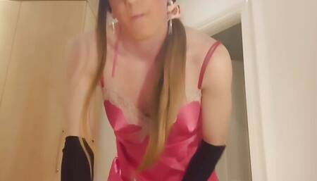 jess silk in hot pink satin robe and hot pink satin nightie with long brown wig