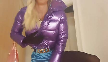 jess silk riding dildo in turquoise satin dress and shiny purple jacket with blonde wig