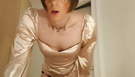 jess silk riding dildo in champagne satin dress and black jacket with short wig