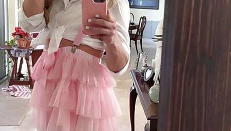 SIssy Doll Sasha Star teases in the mirror slutty kitten femboy pink frilly skirt