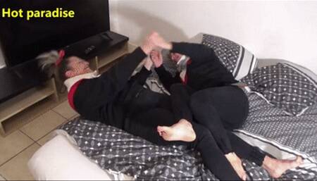 2 lesbian babes tickle and bicker with each other on a bed (Solaine, Miley & Bob45) HD