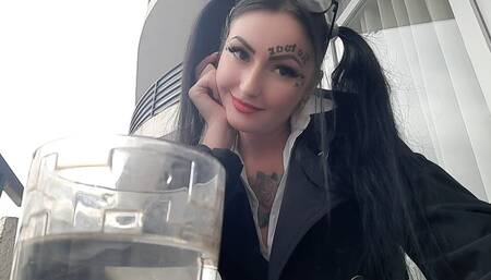 Smoking fetish. Dominatrix Nika smokes sexy and spits into a glass. Imagine that this glass is your mouth.