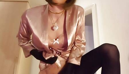 jess silk riding dildo in pink satin nightie and robe with bob wig