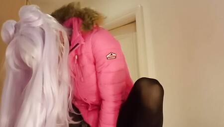 jess silk riding dildo in hot pink satin dress and hot pink jacket with long purple wig