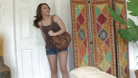 Seeing the brunette naked outdoors arouses both and they