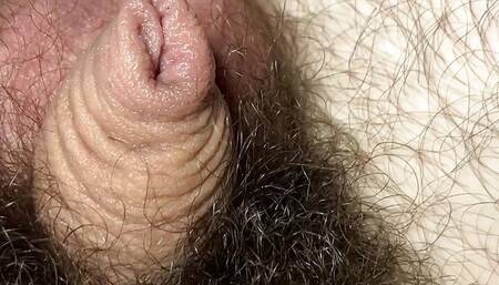 Little limp uncut dick hiding in my foreskin and very hairy pubes