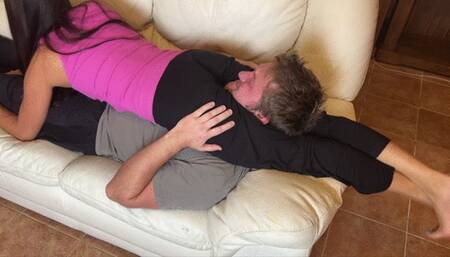 Lazy Husband Headscissored On The Sofa