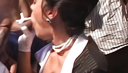 Having several black guys cumming on her face and in her