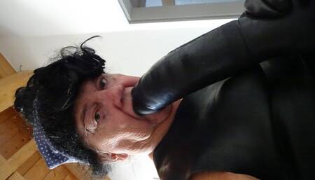 horny latex dress bessy is riding black dildo