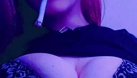 Hot blonde fingering her big tits in the bathroom