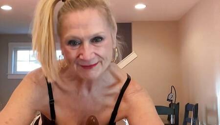 DANIELLE DUBONNET SUCKING TWO BLACK COCKS IN HER KITCHEN.