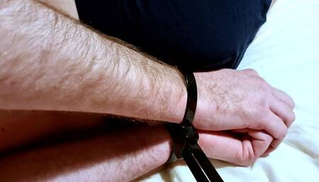 Man in boxers zip tied on bed by woman make bondage zp ties cable tied cable ties BBW