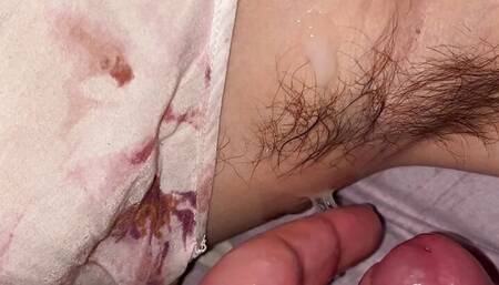 Cumshot on hairy armpits