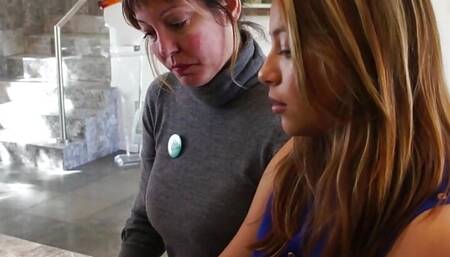 Lesbian and her teacher with big natural tits strip their