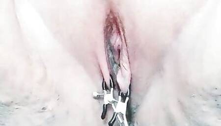 Clamps on fat pussy and pee
