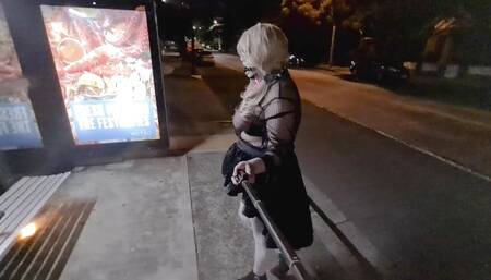 Slut in transparent clothing ball gag and LED dog collar caught in public