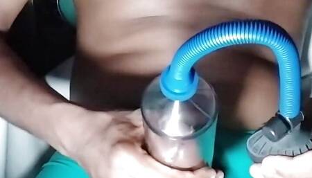 Big Black Cock Play With Pump Machine and Cum on Hand