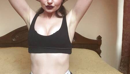 Skinny brunette play with toys