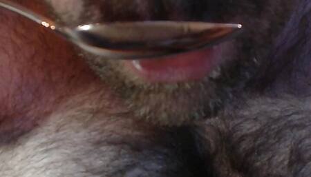 Chub bear slurping my own cum after estim session