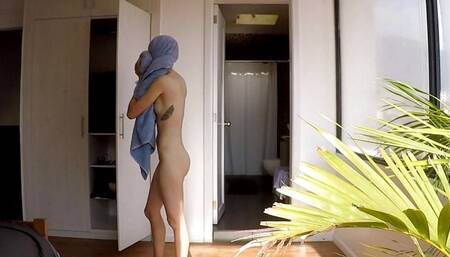 Stepsister Looking for clothes after hot bath