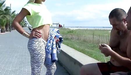 After leading the blonde to the beach they begin their
