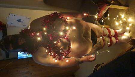 BBW wrapped in Christmas lights 1 - breast bound  BBW bondage socks rope bondage