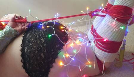 BBW hogtied and wrapped in Christmas lights has socked feet tickled - breast bound  BBW bondage socks hogtied duct tape hogtie duct taped
