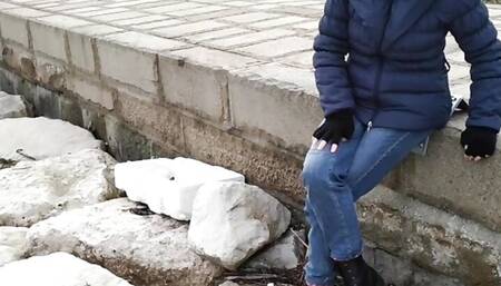 Fully dressed crossed legs orgasm near construction site