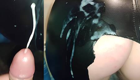 A lot of cum on horny stepmomms black leather pants
